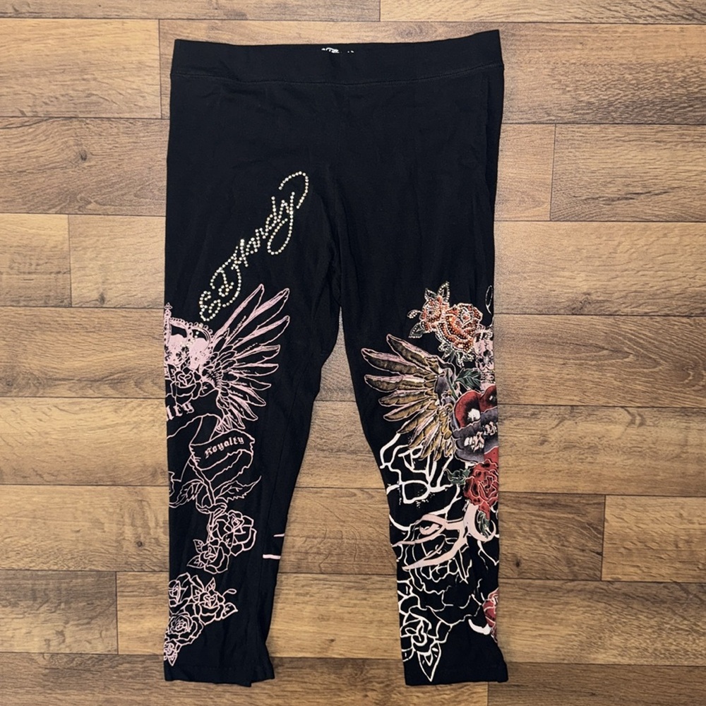 Ed Hardy NO SIZE Cropped Capri Leggings Bedazzled Rhinestone Vintage Y2K Tattoo